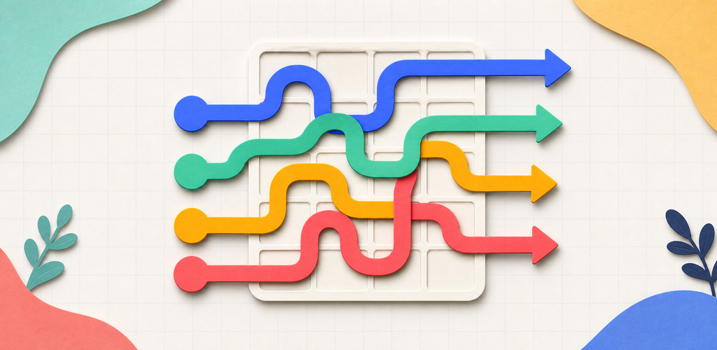Colorful winding arrow paths leaving a clean puzzle grid